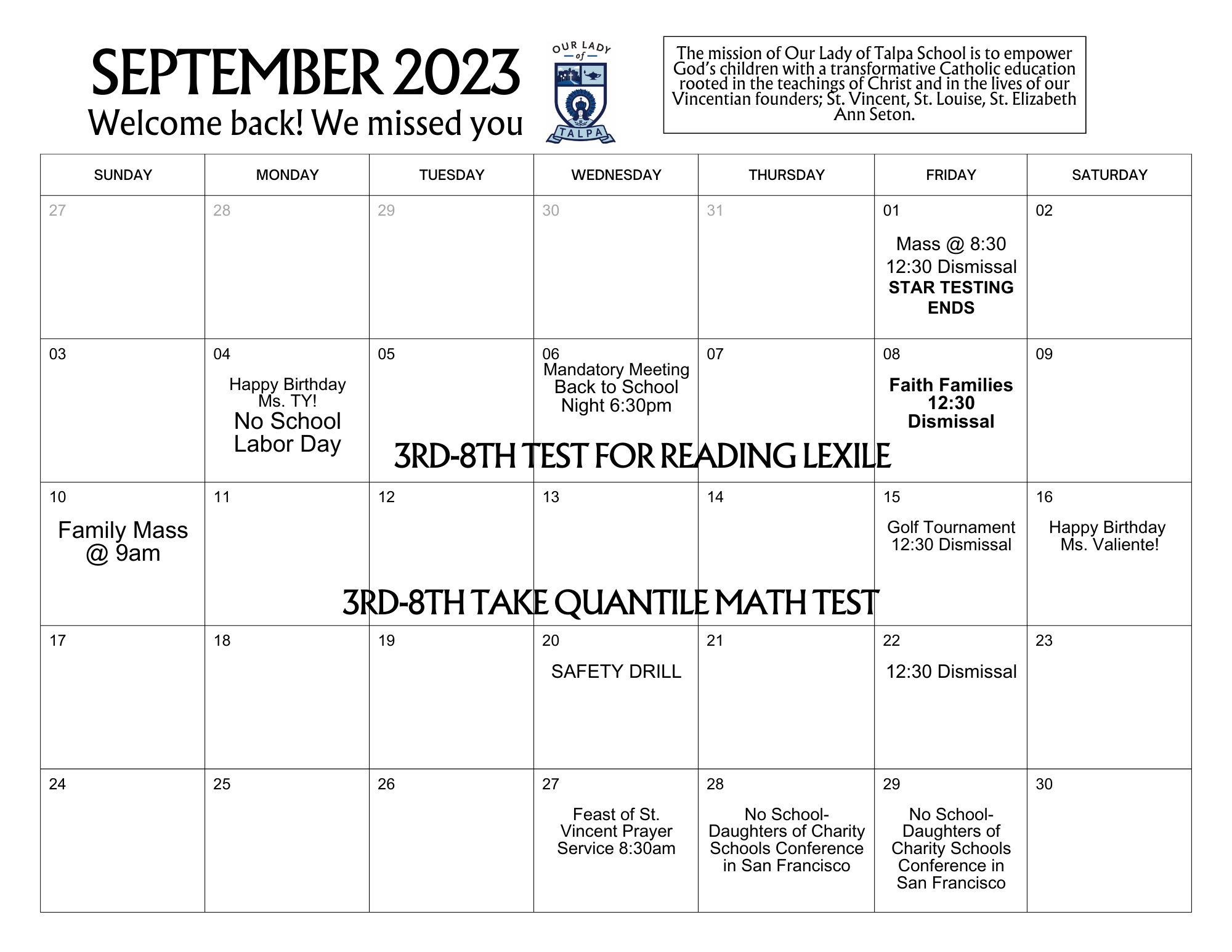 Monthly Calendars Our Lady of Talpa School