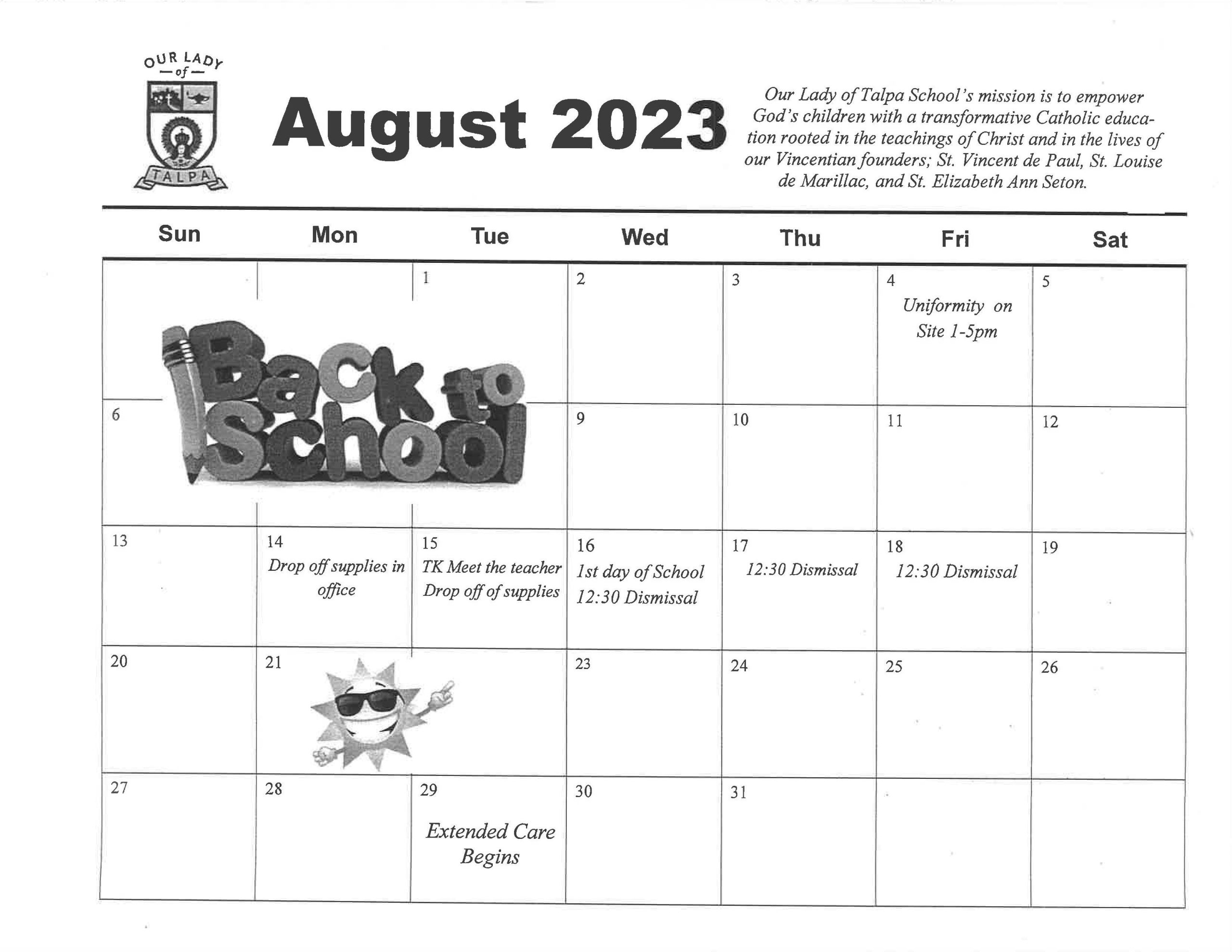 Monthly Calendars Our Lady of Talpa School